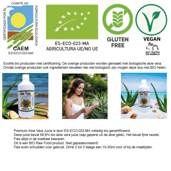 100 % aloe vera van bio plantages. Gluten vrij. Zonder aloines. Premium AloeVera Juice. Dubbel zo krachtig = 2x zo sterk als de norm voor 100% (pure) aloe vera